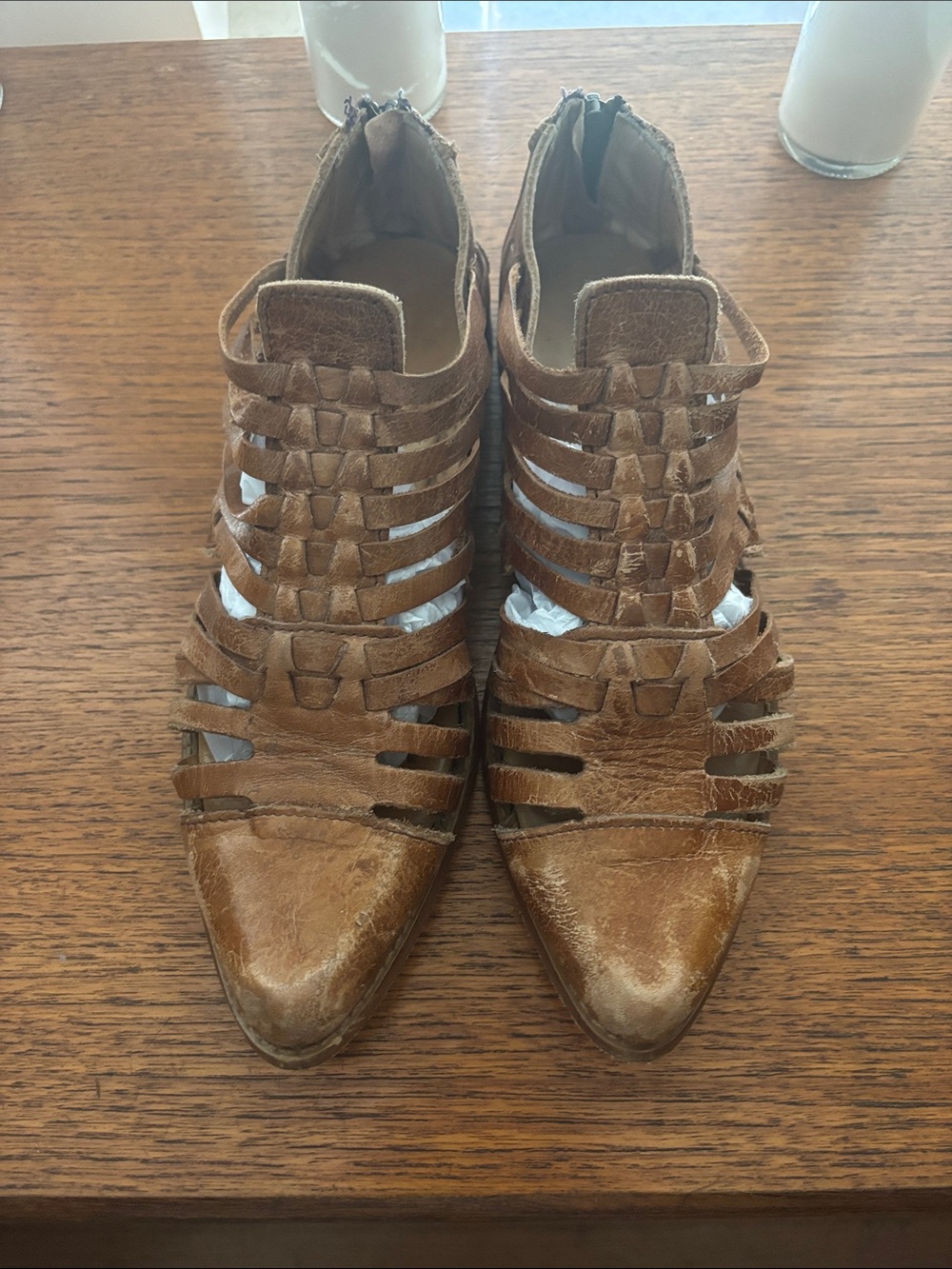 Bed Stu Tan Woven Leather Cutout Mules